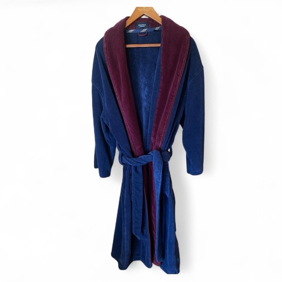 Nautica Shawl Robe Navy Burgundy Belted Terry Cloth One Size Loungewear - Picture 8 of 8